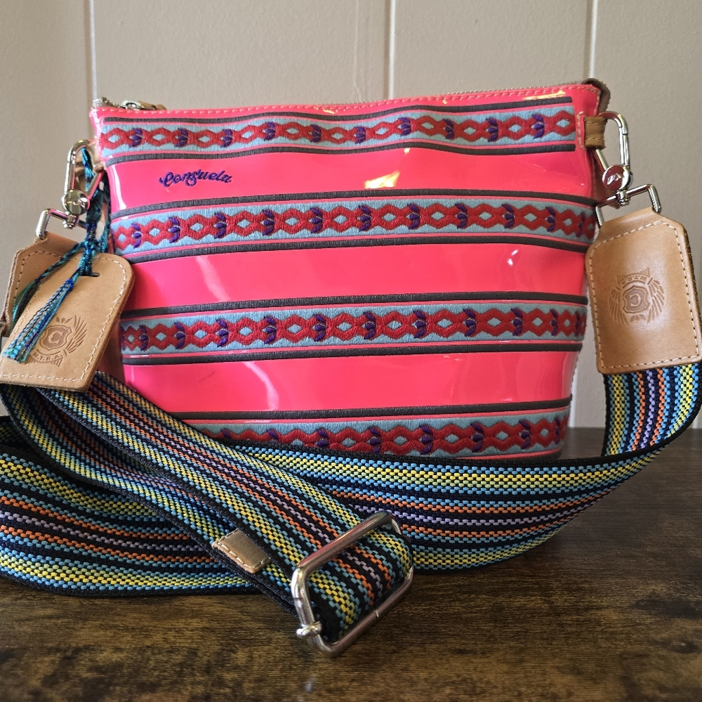 Consuela Neon Pink Crossbody Bag with Multicolor Strap